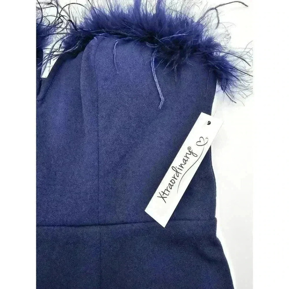 Xtraordinary Junior's Size 5 Midnight Blue Bodycon Dress with Feather Trim NWT - Picture 3 of 10